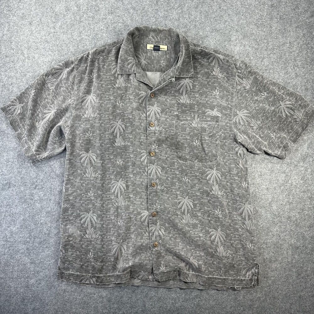 Tommy Bahama Shirt Mens Large Gray Palm Tree Silk Hawaiian Aloha Casual